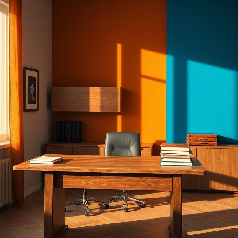 Interiorul biroului Stan & Stoica din Galați, cu perete accent azuriu și birou din stejar