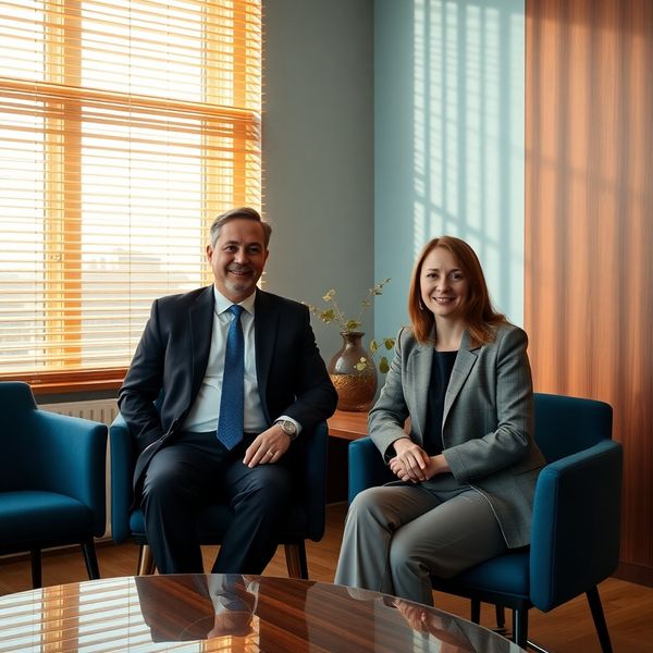Doi consultanți financiari discutând într-o sală de conferințe cu accent azuriu